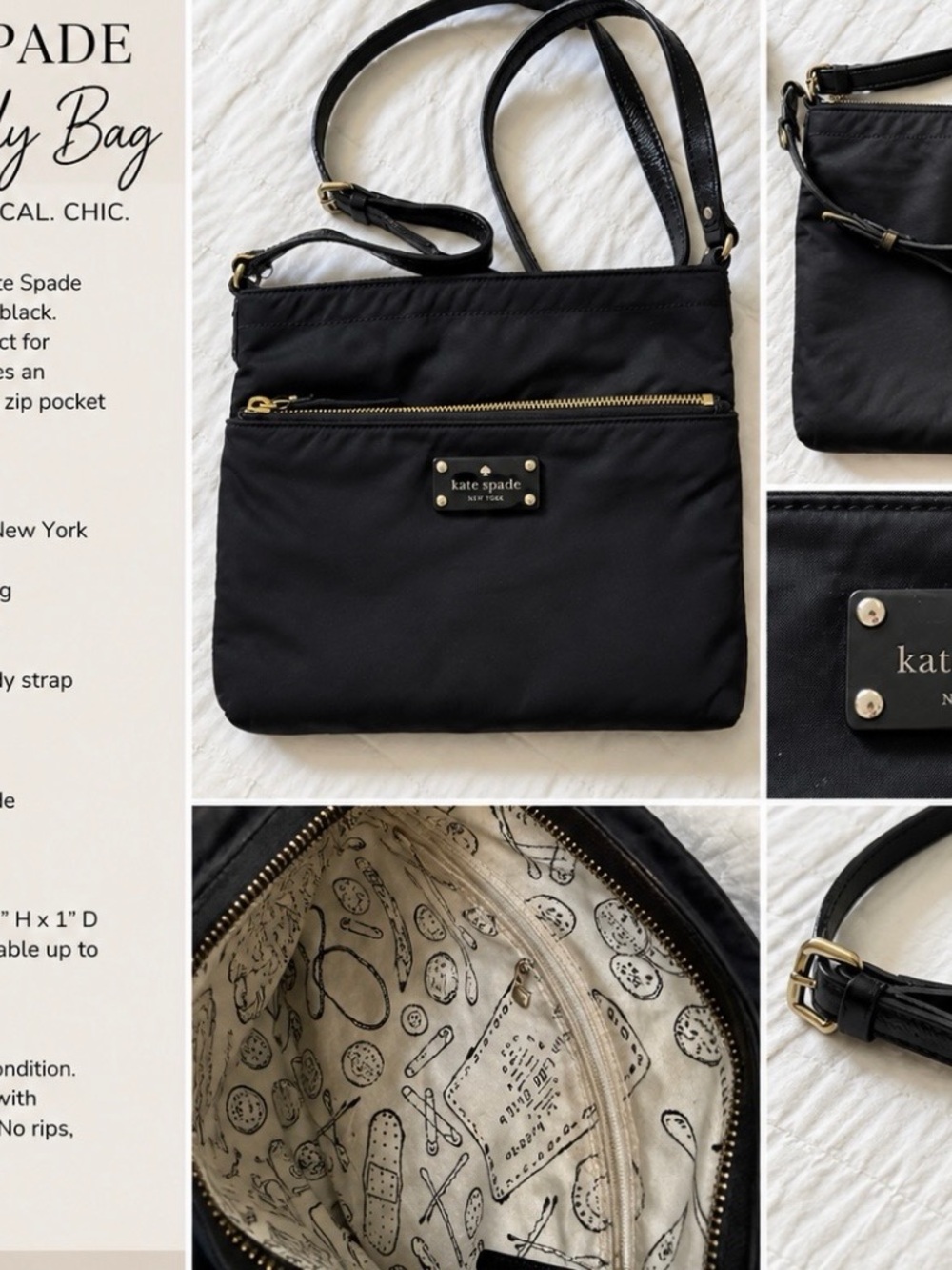 kate spade Black Nylon Crossbody with Gold Hardware and Printed Interior